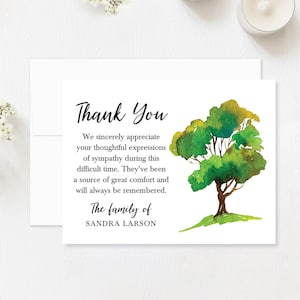 Personalized Funeral Thank You Cards, Watercolor Tree Sympathy Acknowledgement Cards, Bereavement Notes with Envelopes
