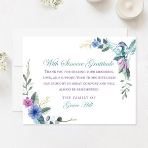Hummingbird Sympathy Thank You Cards, Personalized Bereavement Notes
