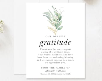 Personalized Funeral Thank You Cards, Sympathy Acknowledgement Cards, Greenery Leaves, Green Branch Bereavement Notes with White Envelopes