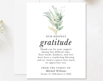 Personalized Funeral Thank You Cards, Sympathy Acknowledgement Cards, Greenery Leaves, Green Branch Bereavement Notes with White Envelopes