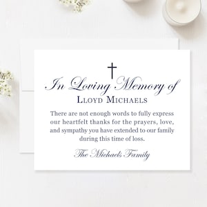 Funeral Thank You Cards, Sympathy Acknowledgement Cards with Cross, In Loving Memory Navy Blue Personalized Bereavement Notes with Envelopes