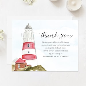 Lighthouse Funeral Thank You Cards, Sympathy Acknowledgement Cards, Personalized Bereavement Notes with Envelopes