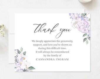 Personalized Light Purple Floral Sympathy Thank You Cards with Envelopes