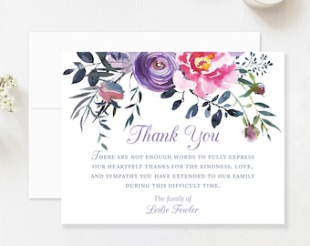 Personalized Sympathy Thank You Cards, Pink Purple Floral Bereavement Notes