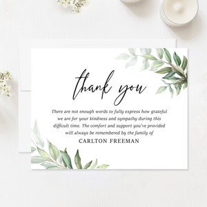 Green Leaves Funeral Thank You Cards, Sympathy Acknowledgement Cards, Personalized Bereavement Notes with Envelopes