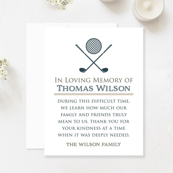 Golf Sympathy Thank You Cards, Personalized Funeral Thank You Cards, Bereavement Notes with Envelopes