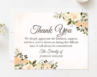 Personalized Sympathy Thank You Cards, Ivory, Cream, and Peach Floral Funeral Thank You Cards with Envelopes