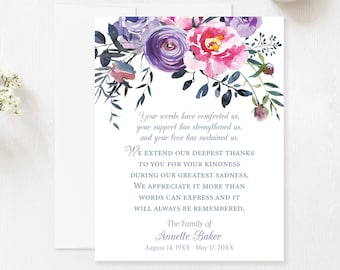 Pink and Purple Floral Sympathy Thank You Cards, Personalized Funeral Note