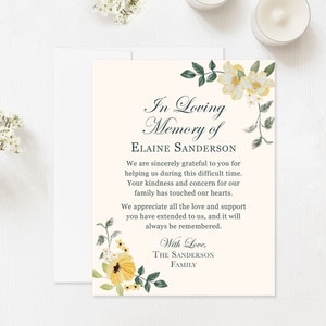 Yellow and White Floral Sympathy Acknowledgement Cards, Funeral Thank You Cards, Bereavement Notes with Envelopes