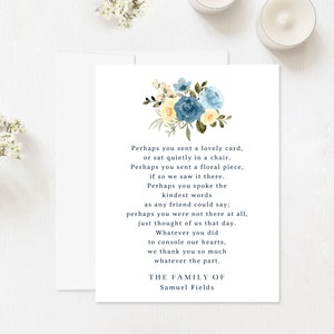 Sympathy Thank You Cards with Poem and Blue and Ivory Cream Flowers, Funeral Bereavement Notes with White Envelopes - Flat or Folded Cards
