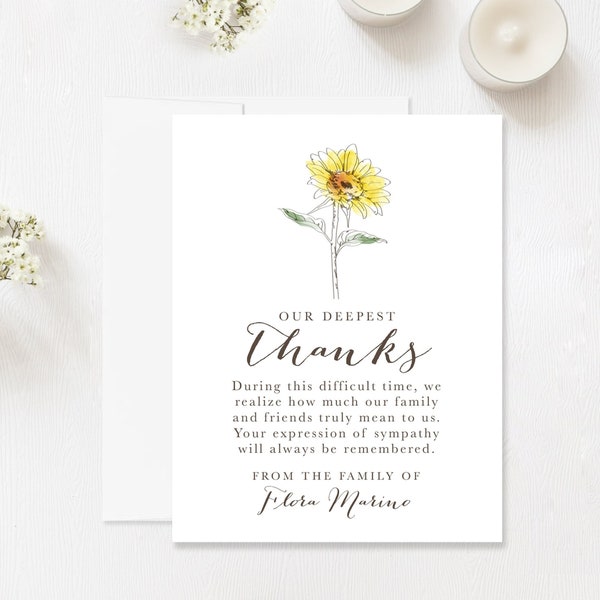 Sunflower Funeral Thank You Cards, Sympathy Acknowledgement Cards, Bereavement Notes with Envelopes