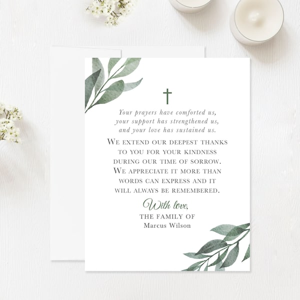 Greenery Sympathy Thank You Cards with Cross, Personalized Funeral Thank You Cards with Leaves, Bereavement Notes with Envelopes