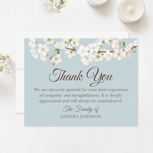 Cherry Blossom Sympathy Thank You Cards, White Floral Personalized Funeral Bereavement Cards with Envelopes