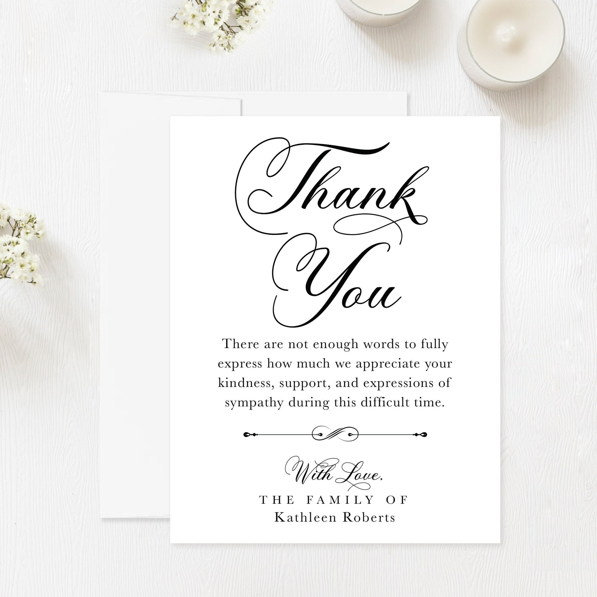 Personalized Sympathy Thank You Cards, Elegant Black and White Funeral