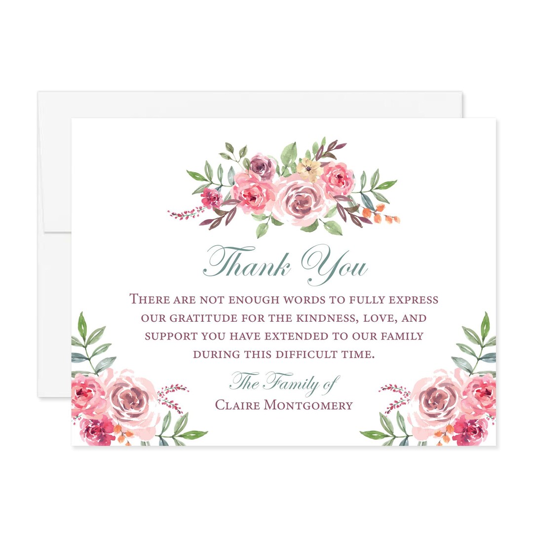 Personalized Floral Sympathy Thank You Cards With Envelopes, 5.5x4.25 ...