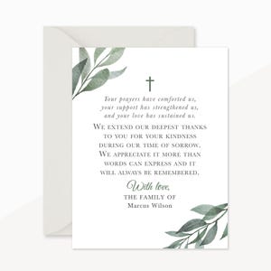 Greenery Sympathy Thank You Cards with Cross, Personalized Funeral Thank You Cards with Leaves, Bereavement Notes with Envelopes