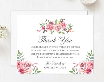 Pink Floral Sympathy Thank You Cards, Personalized Bereavement Notes