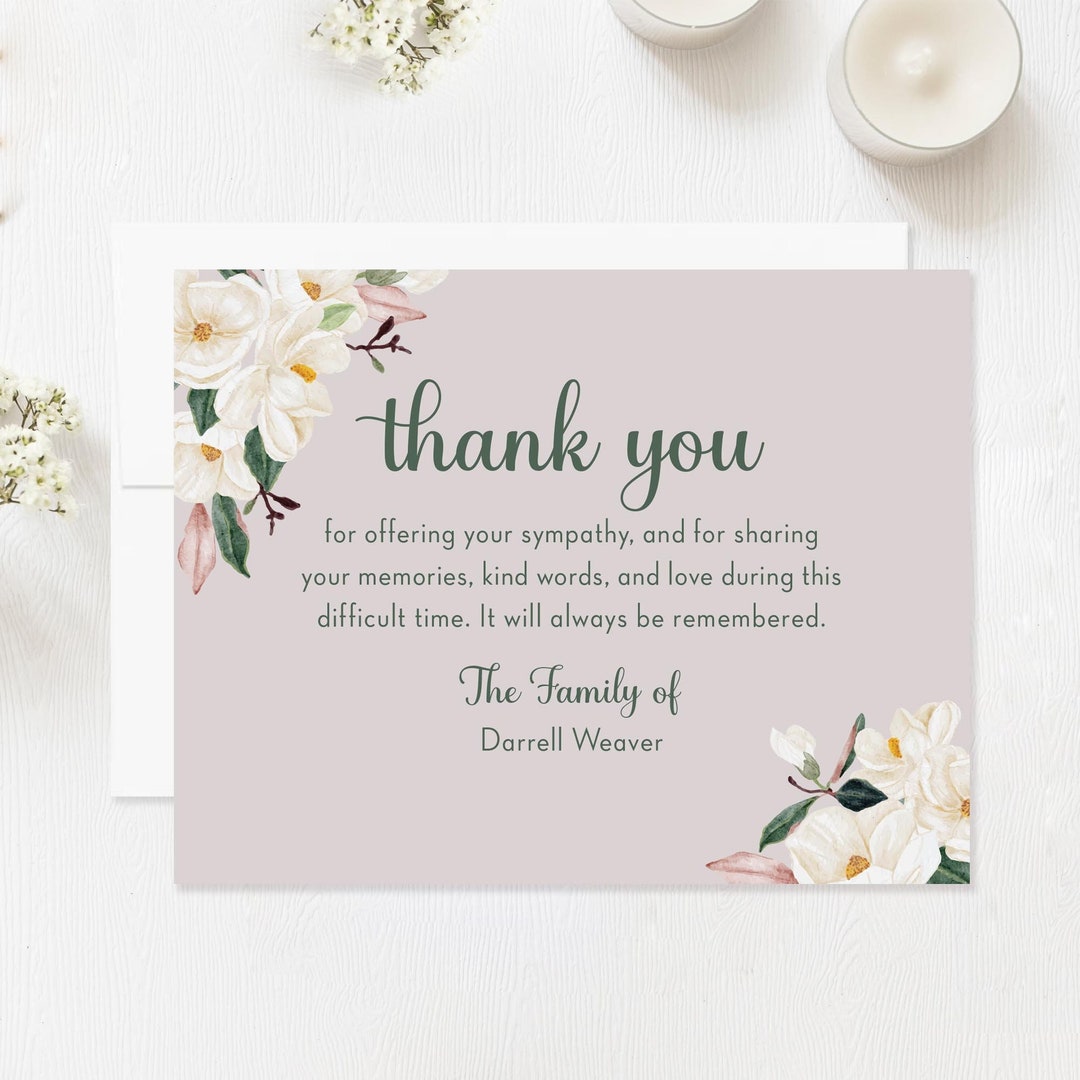 White Magnolia Floral Sympathy Thank You Cards, Personalized Funeral ...