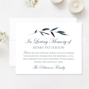 Sympathy Thank You Acknowledgement Cards, Personalized Simple Watercolor Blue Leaf Funeral Thank You Cards, Bereavement Notes with Envelopes