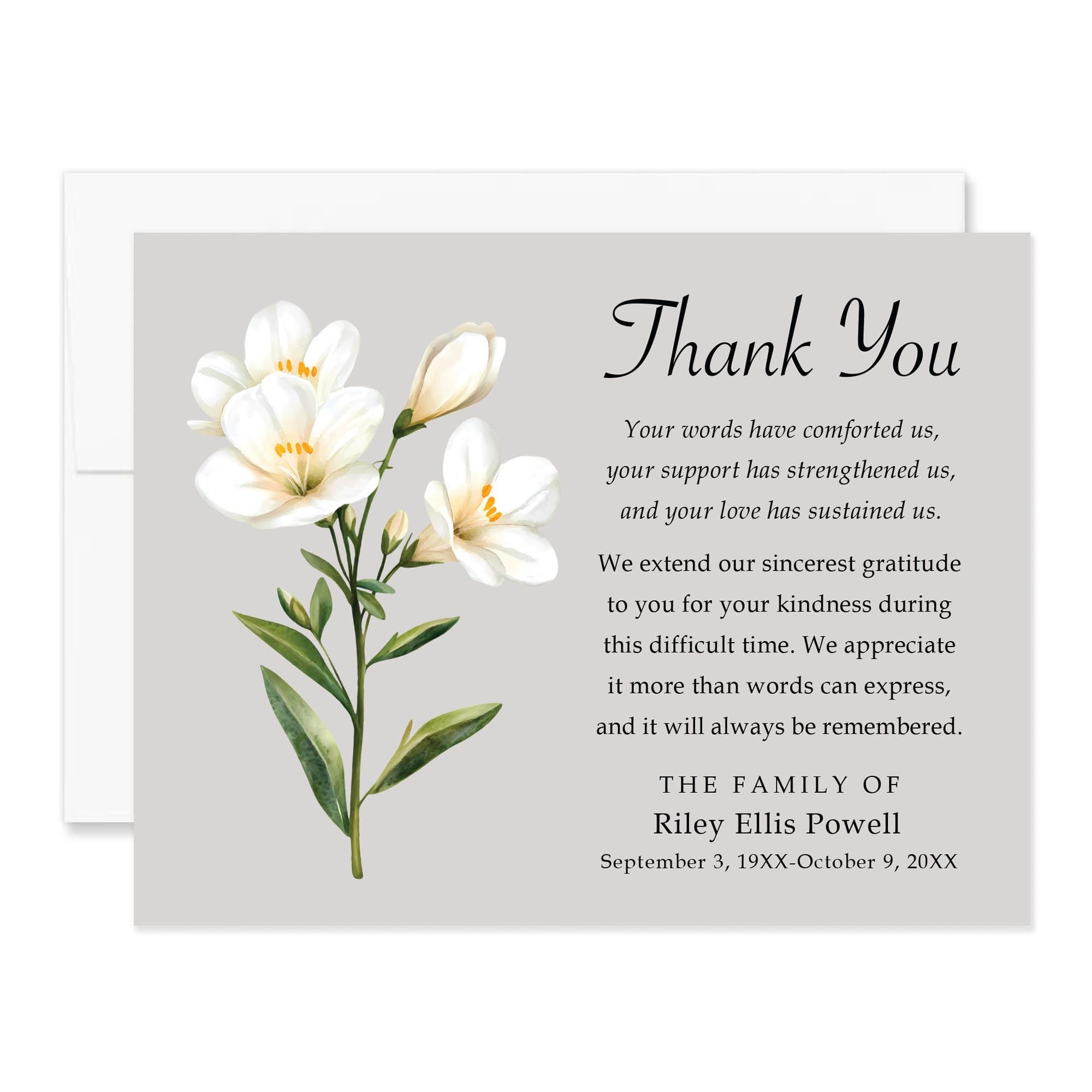 Taupe Gray and White Freesia Flower Sympathy Thank You Cards, 5.5
