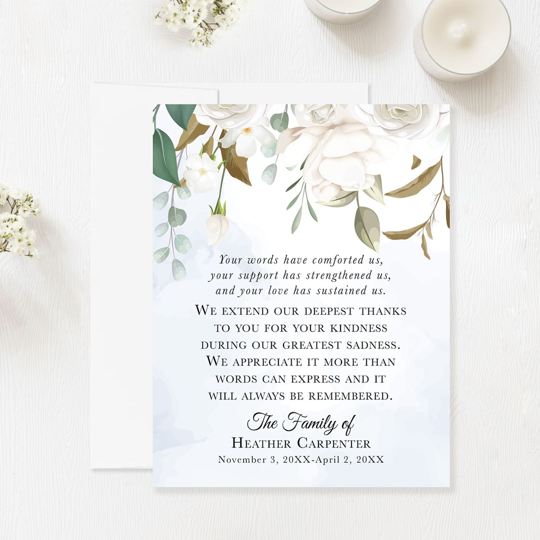 Personalized Funeral Thank You Cards, Sympathy Acknowledgement Cards