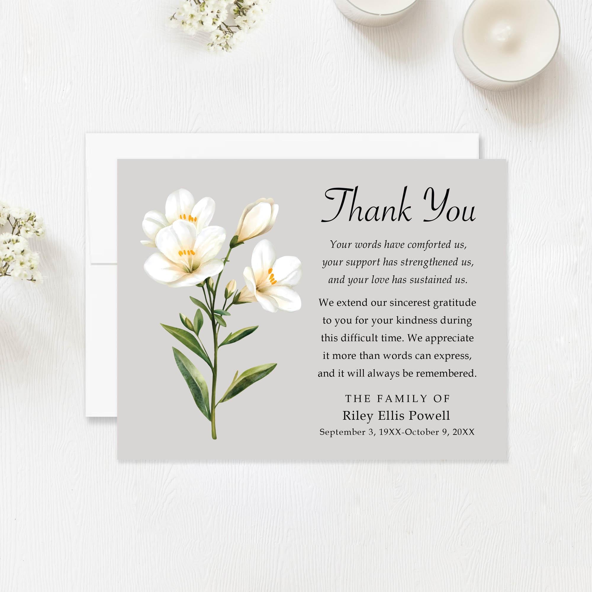 Taupe Gray and White Freesia Flower Sympathy Thank You Cards, 5.5