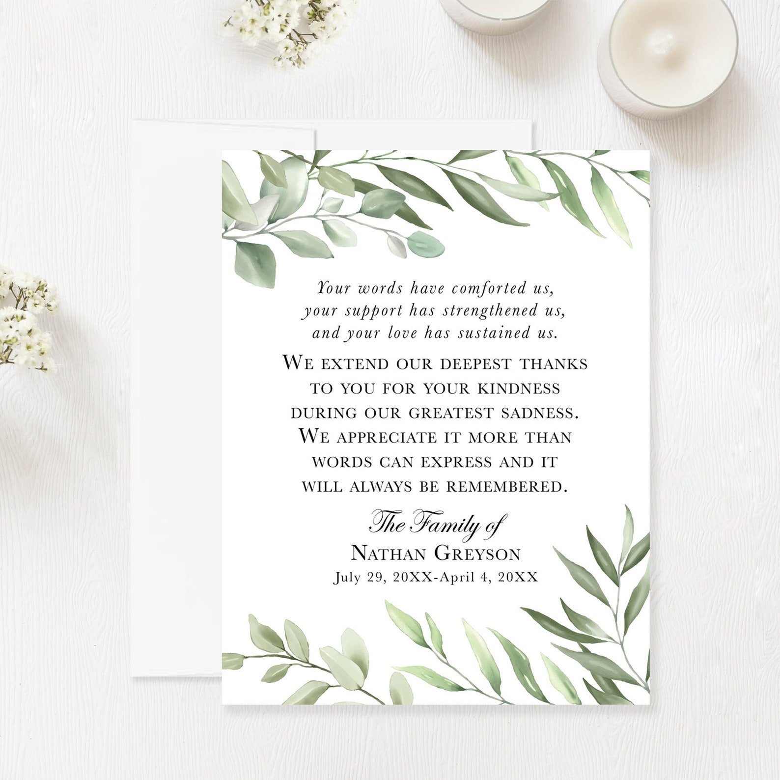 Greenery Funeral Thank You Cards, Sympathy Acknowledgement Cards