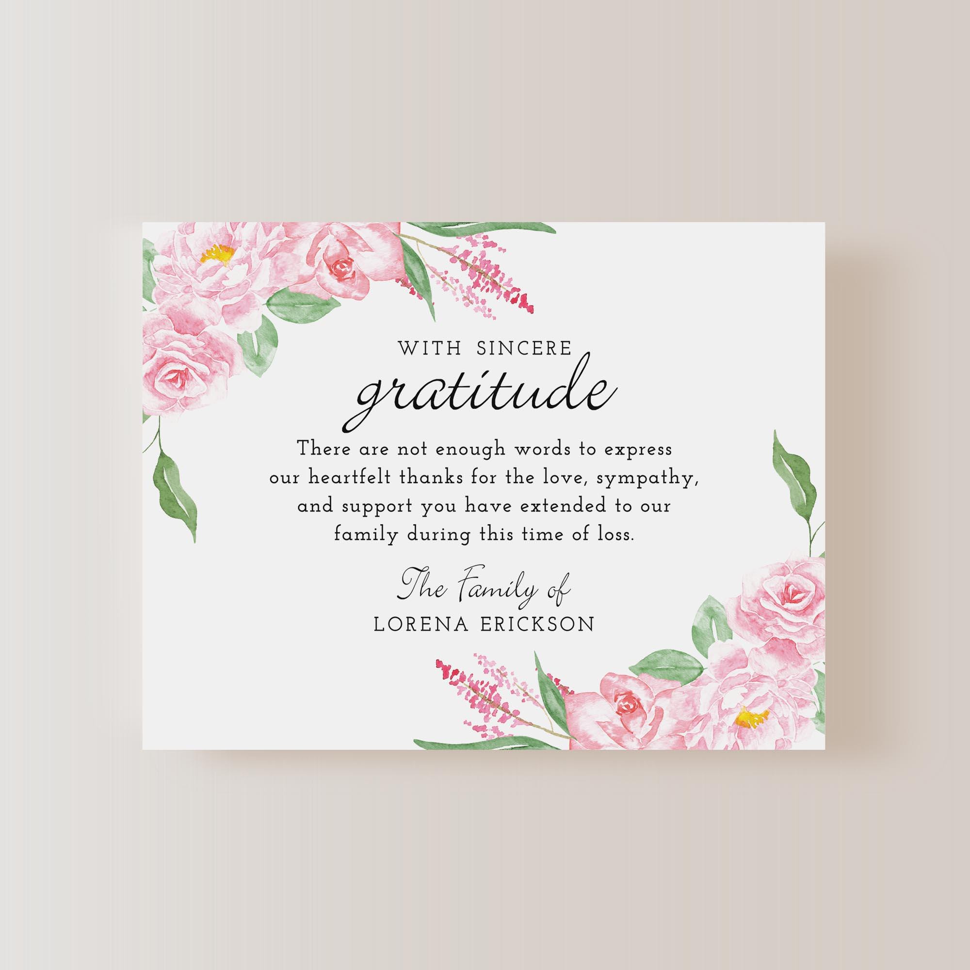 Personalized Pink and Green Floral Sympathy Thank You Cards With ...
