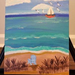 Beach painting, ocean scene, sailboats, seagulls, wall art, home decor, acrylic art, waves, coastal