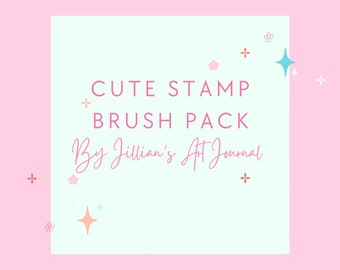 Puede incluir: Un cuadrado azul claro con esquinas redondeadas contiene el texto "Cute Stamp Brush Pack" y "By Jillian's Art Journal" en rosa. El fondo es rosa claro con pequeñas estrellas y flores rosas, azules y naranjas.