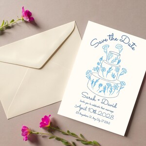 Hand Drawn Save The Date Template - Aesthetic Save the Date - 5&quot;x7&quot; Instant Download Canva - Flower Cake Drawing-Doodle-Romance-Wedding Cake