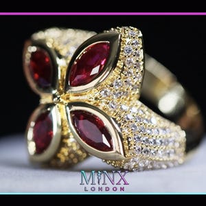 Men&#39;s Red Diamond Ring | Red Diamond Clover Ring | Mens Gold Diamond Ring | Mens Gold Iced Out Ring | Mens Hip Hop Ring | Gold Iced Out Ring
