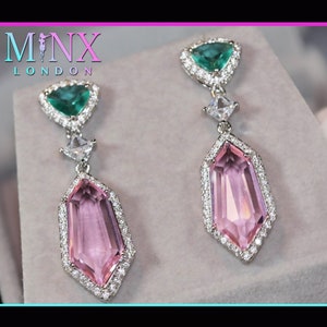 Pink Diamond Earrings | Green Diamond Earrings | Womens Earrings | Halo Earrings | Dangle Earrings | Summer Earrings | Pink Earrings