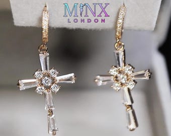 Pendientes de cruz de diamantes de talla baguette de oro / Pendientes de aro de cruz de diamantes de oro / Pendientes de aro de cruz de diamantes de oro / Pendientes de aro de cruz de oro