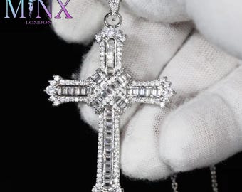 Baguette Diamond Cross Pendant | Cross Pendant and Necklace | Iced Out Cross Pendant, Mens Silver Diamond Cross, Womens Silver Diamond Cross