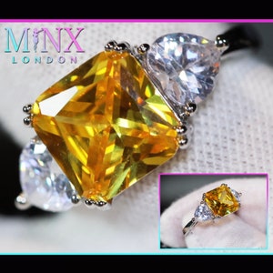 Three Stone Ring | Women&#39;s Princess Cut Diamond Ring | Women&#39;s Engagement Ring | Yellow Diamond Engagement Ring | Yellow Diamond Ring
