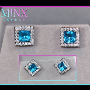 Womens Ear Studs | Square Shape Earrings | Blue Diamond Ear Studs | Blue Diamond Earrings | Blue Gemstone Earrings | Princess Cut Ear Studs