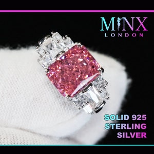 Pink Diamond Engagement Ring | Pink Simulated Diamond Ring | Pink Crushed Ice Diamond Ring | Womens Silver Pink Baguette Cut Diamonds Ring