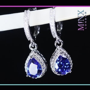 Sapphire Blue Earrings | Blue Pear Cut Diamond Earrings | Pear Shape Halo Earrings | Blue Teardrop Earrings | Women&#39;s Diamond Earrings