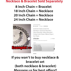 May include: A silver iced out Cuban link chain necklace and bracelet set. The chain is available in 8, 18, 20, and 24 inch lengths. The image shows an example of the 24 inch chain. The text "Example!" is written on the image.