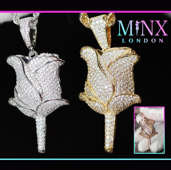 Iced Out Rose Pendant, Cubic Zirconia Flower Necklace Chain, Hip Hop Bling Jewelry Gift