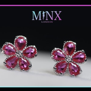 Ruby Earrings | Pink Diamond Earrings | Diamond Flower Earrings | Fuschia Diamond Flower Earrings | Flower Ear Studs | Ruby Ear Studs