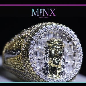 Gold Jesus Face Ring | Hip Hop Jesus Ring | Mens Baguette Diamond Jesus Ring | Mens Iced Out Ring | Jesus Head Ring | Iced Out Pinky Ring