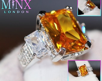 Anel de diamante amarelo | Anel feminino | Anel de diamante amarelo com lapidação radiante | Anel de diamante amarelo com três pedras | Anel de diamante amarelo grande