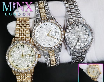 Damen Iced Out Armbanduhr | Gefrorene heraus Uhr | Arabisch Zifferblatt Uhr | Damenuhren | Diamant Uhren | Armbanduhr für Damen | Armbanduhr für Frauen