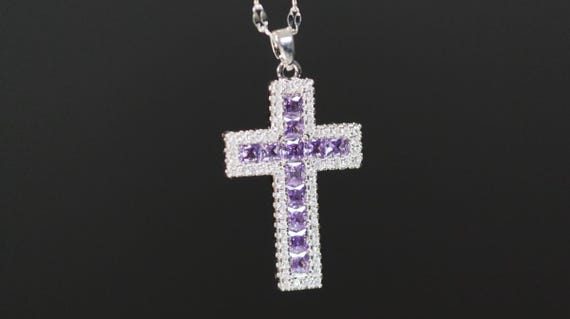 Collana Con Ciondolo Croce Argento E Ametista Viola &ndash; Zirconi &ndash; 18 Pollici