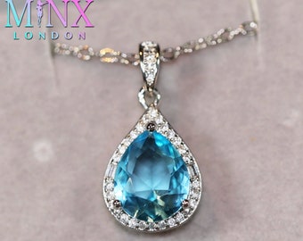 Aquamarine Diamond Necklace | Womens Aquamarine Necklace | Teardrop Necklace | Blue Diamond Pendant, Pear Diamond Pendant, Teardrop Pendant