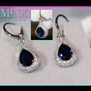 Sapphire Blue Earrings | Teardrop Earrings | Sapphire Blue Pear Cut Diamond Earrings | Diamond Earrings | Womens Blue Diamond Earrings