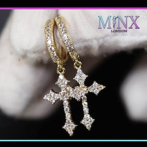 Mens Cross Earrings | Mens Gold Diamond Cross Hoop Earrings | Gold Diamond Cross Hoop Earrings | Iced Out Cross Earrings