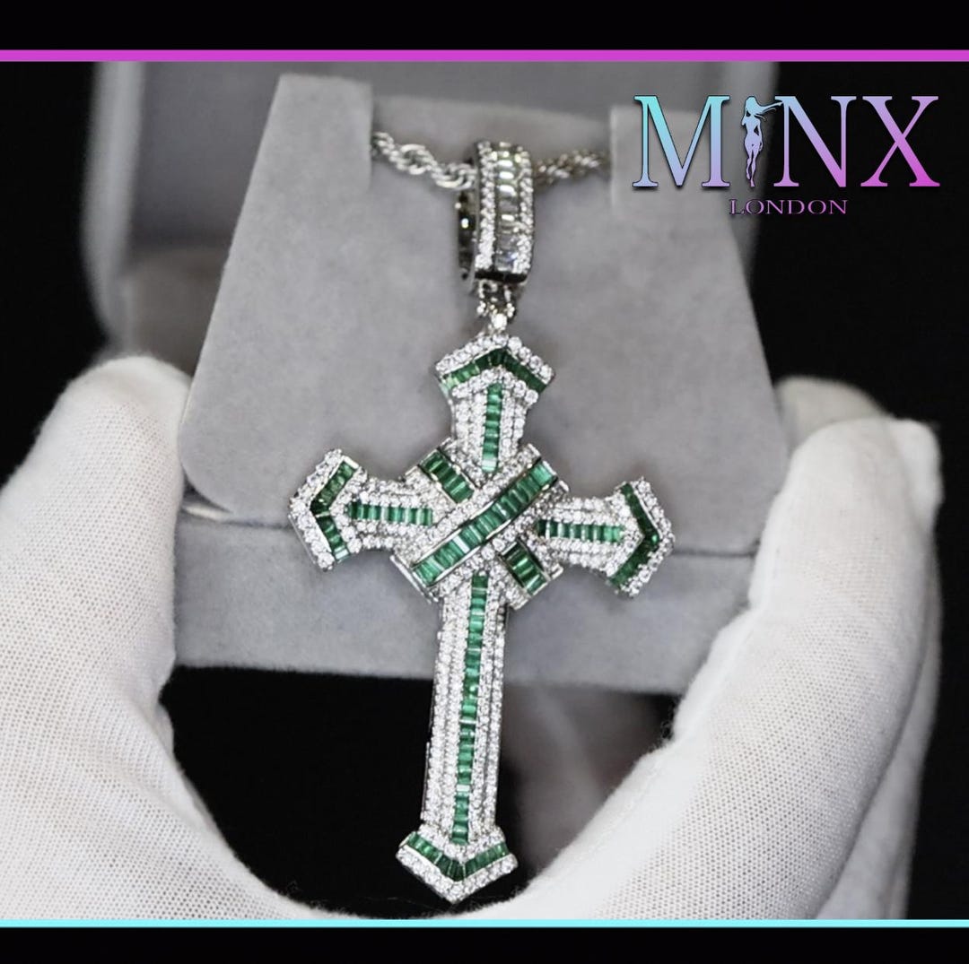Green Chain Rapper Cross Green Diamond Cross Pendant | Green Diamond Cross | Baguette Diamond ...